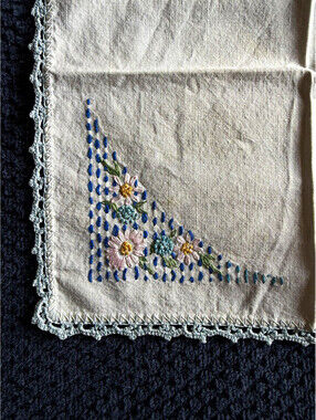 Vintage White Handkerchief Blue Crochet Lace Trim Floral Embroidered Corner